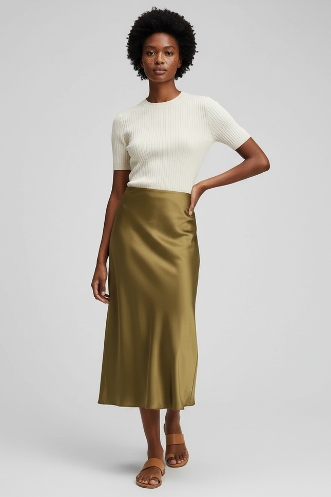 Jupe Satin Vert Olive Midi Fluide