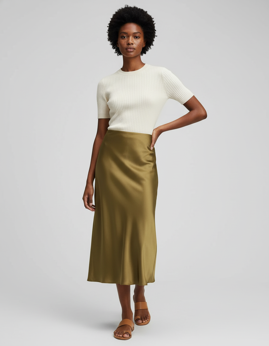 Jupe Satin Vert Olive Midi Fluide