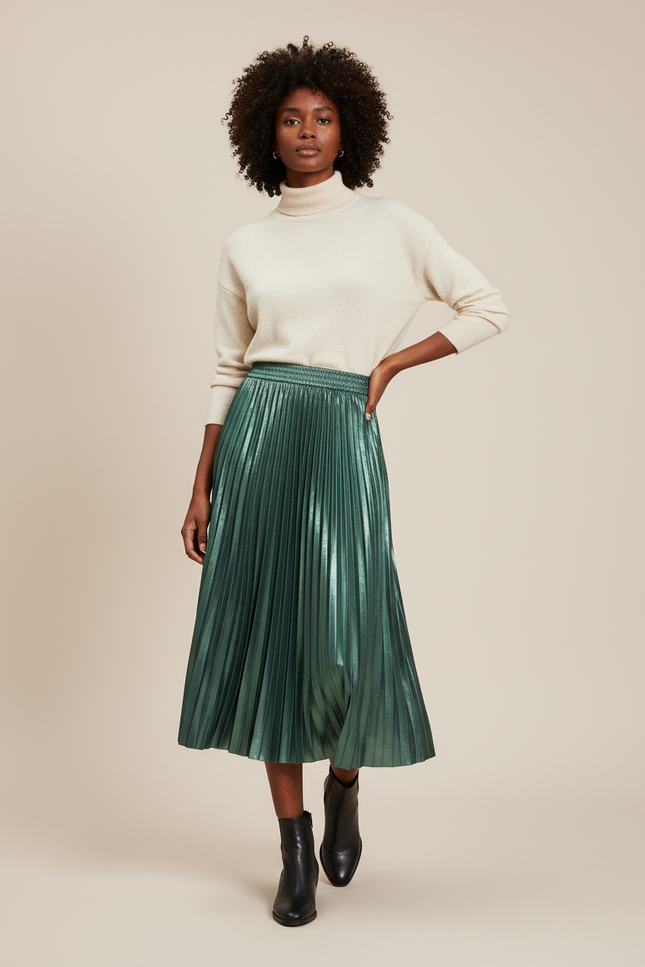 Jupe Verte Longue Plissée Satin