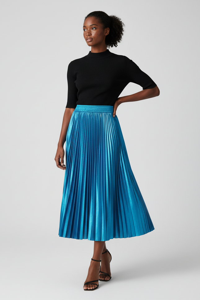 Jupe Bleue Longue Plissée Satin