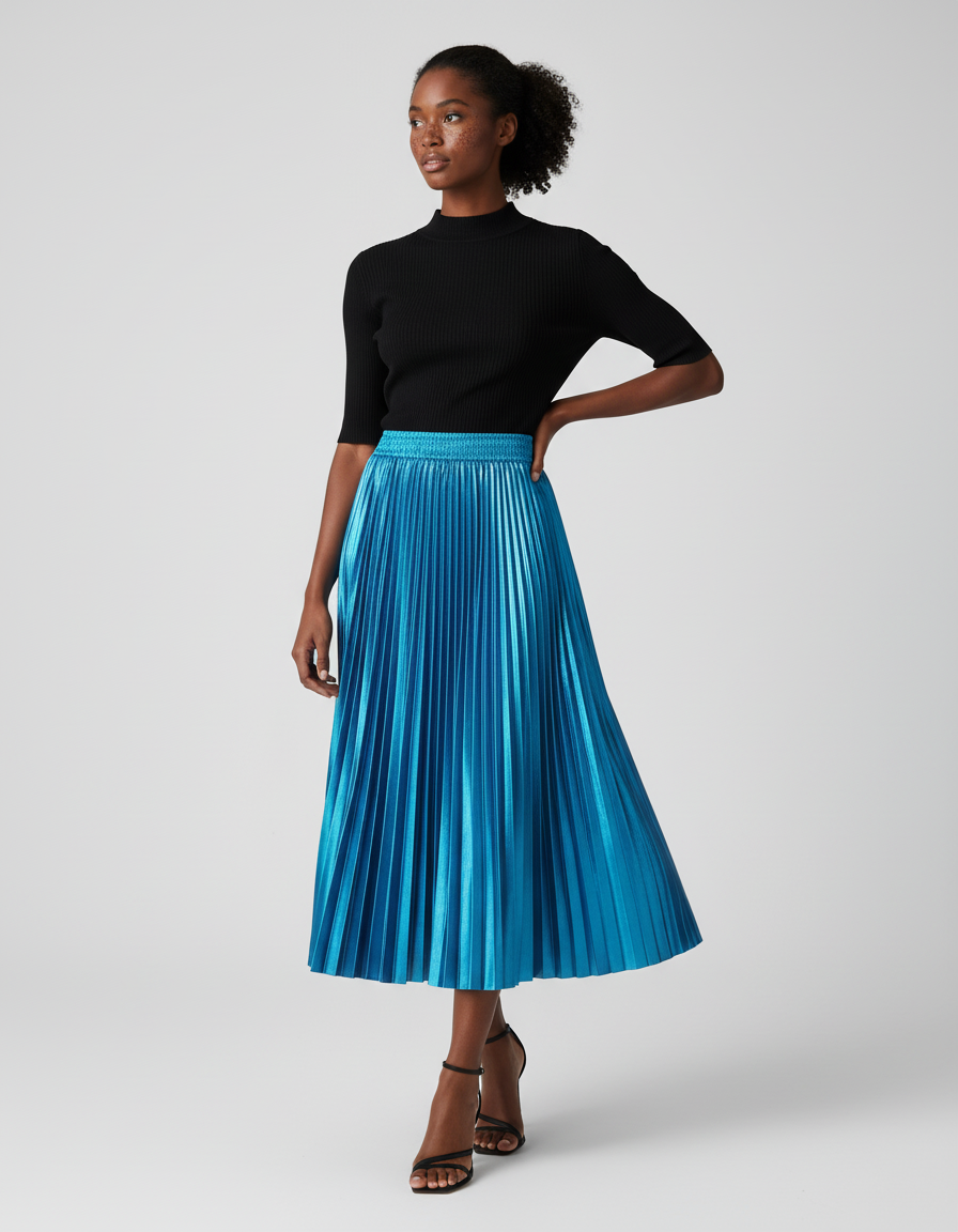 Jupe Bleue Longue Plissée Satin