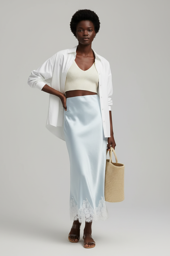 Jupe Satin Bleu Ciel Dentelle Fluide