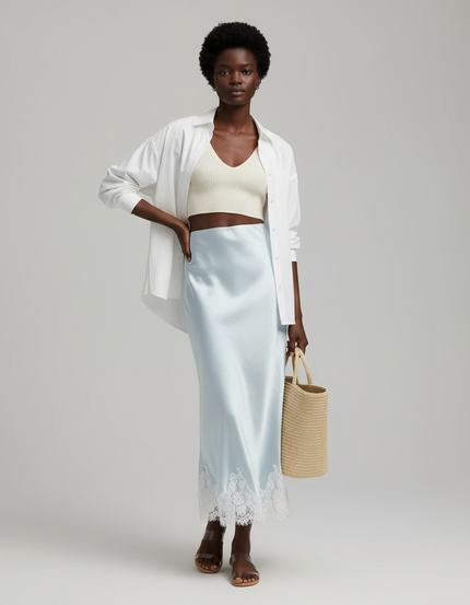 Jupe Satin Bleu Ciel Dentelle Fluide