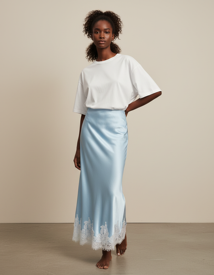 Jupe Satin Bleu Ciel Dentelle Élégante Délicate