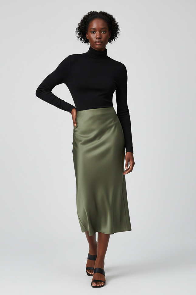 Jupe Satin Verte Midi Élégante Chic