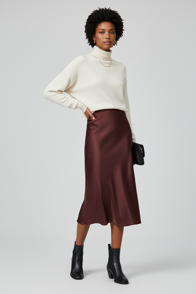 Jupe Satin Bordeaux Fluide Élégante Intense