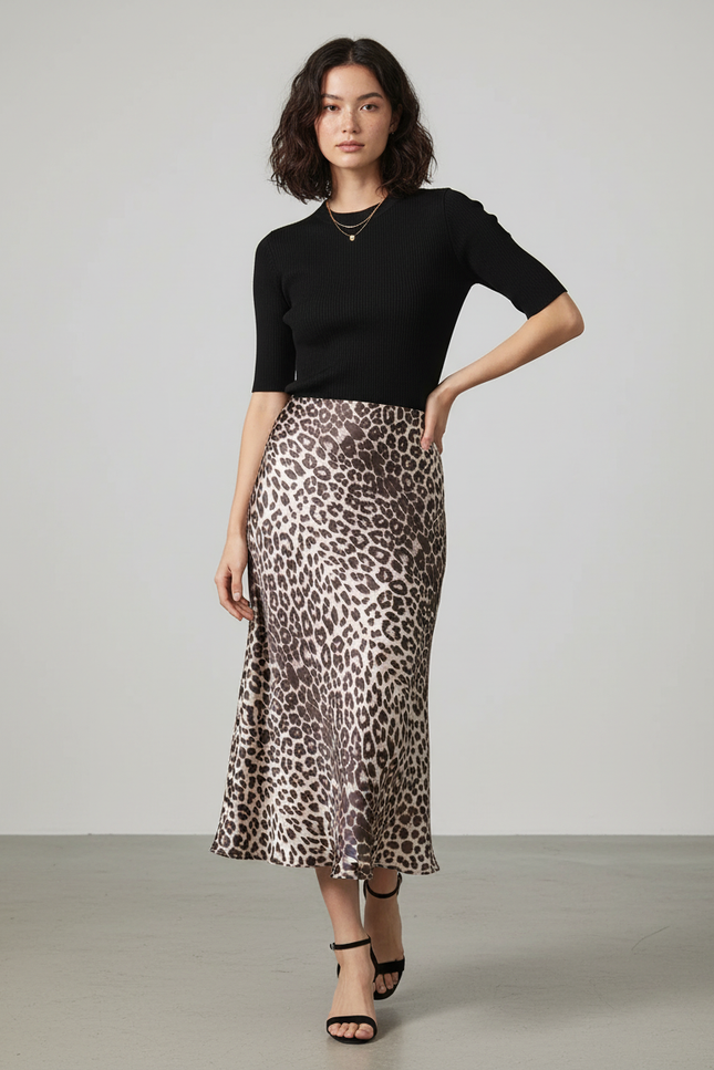 Jupe Midi Leopard Satin
