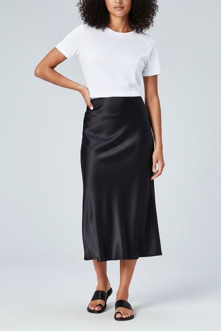 Jupe Satin Noire Midi Élégante Citadine