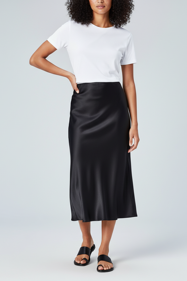 Jupe Satin Noire Midi Élégante Citadine