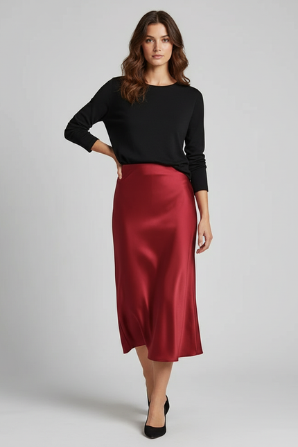Jupe Satin Rouge Bordeaux Midi Élégante