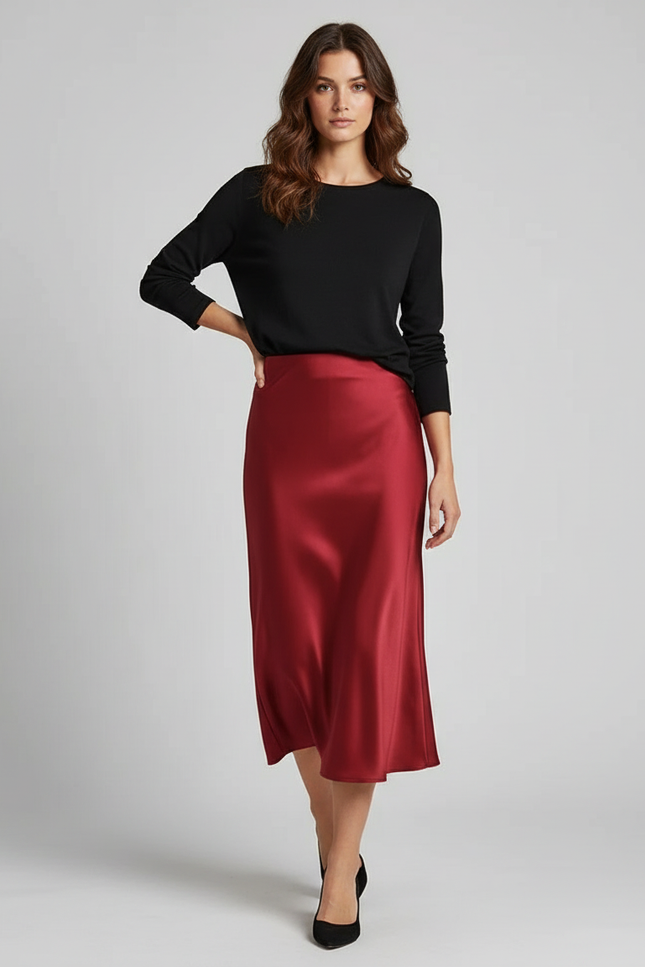 Jupe Satin Rouge Bordeaux Midi Élégante