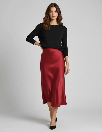 Jupe Satin Rouge Bordeaux Midi Élégante