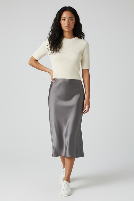 Jupe Satin Grise Midi Élégante