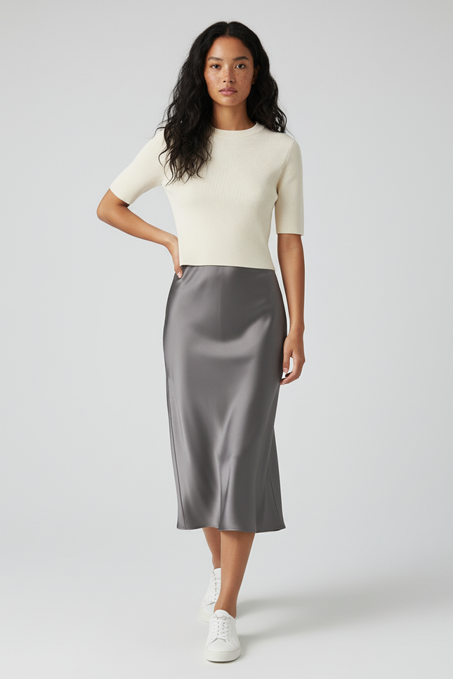 Jupe Satin Grise Midi Élégante