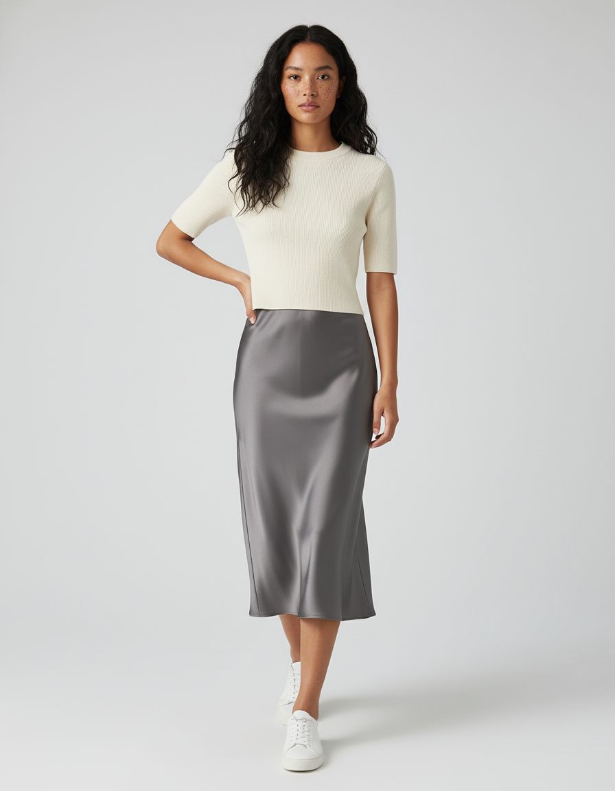 Jupe Satin Grise Midi Élégante