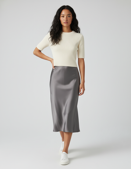 Jupe Satin Grise Midi Élégante