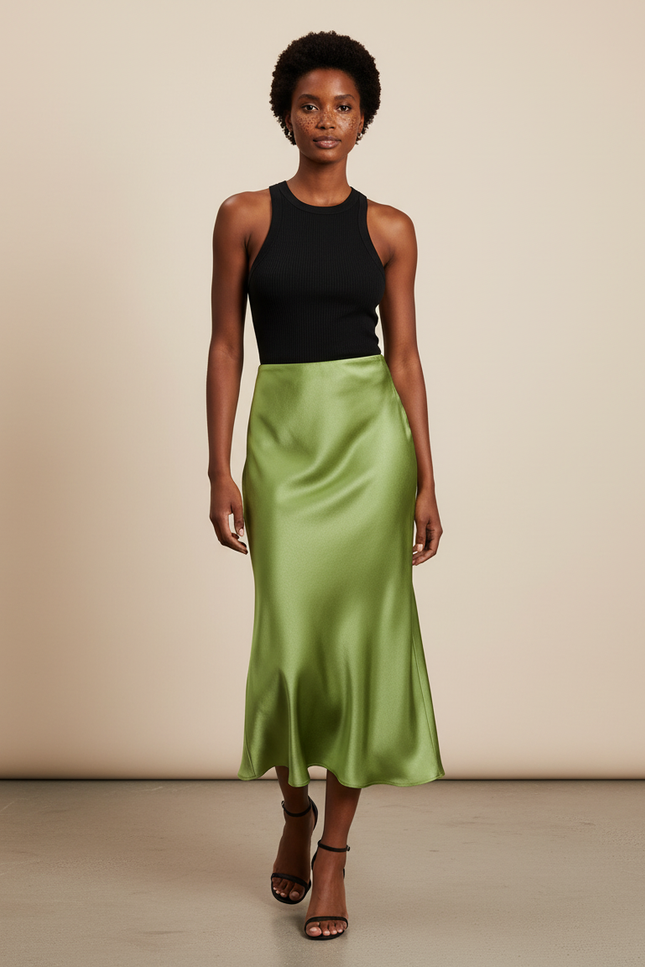 Jupe Satin Verte Midi Fluide