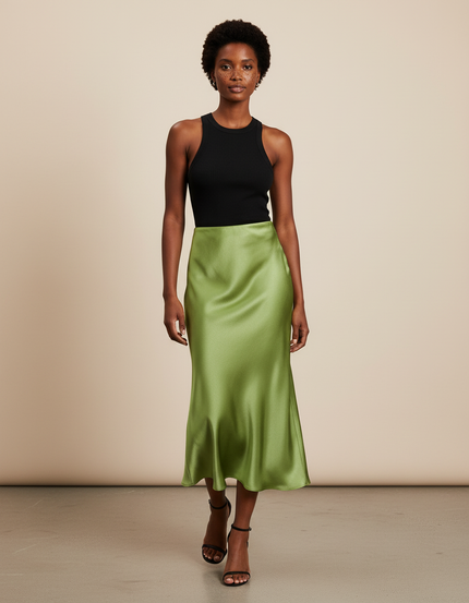 Jupe Satin Verte Midi Fluide