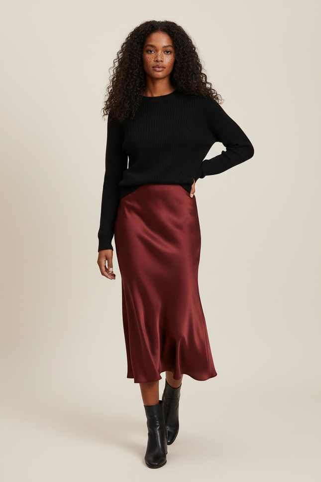 Jupe Satin Bordeaux Fluide Élégante Sombre