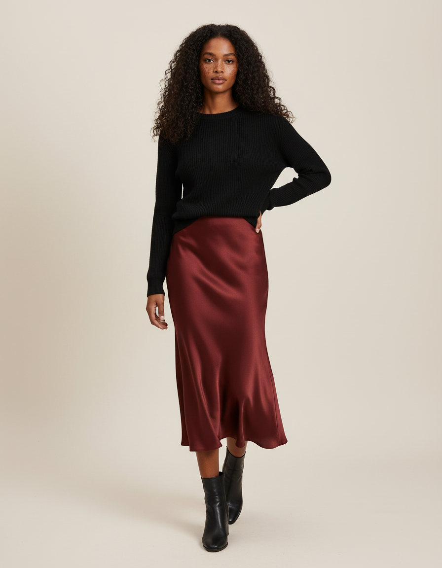 Jupe Satin Bordeaux Fluide Élégante Sombre