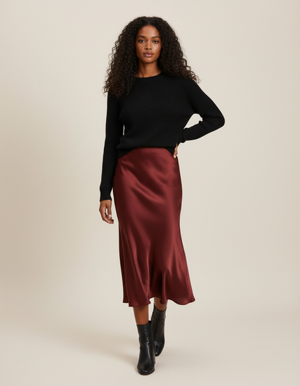 Jupe Satin Bordeaux Fluide Élégante Sombre