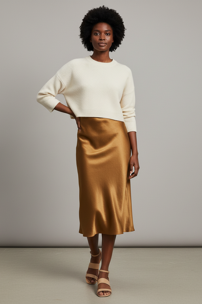 Jupe Satin Dorée Fluide Élégante Lumineuse