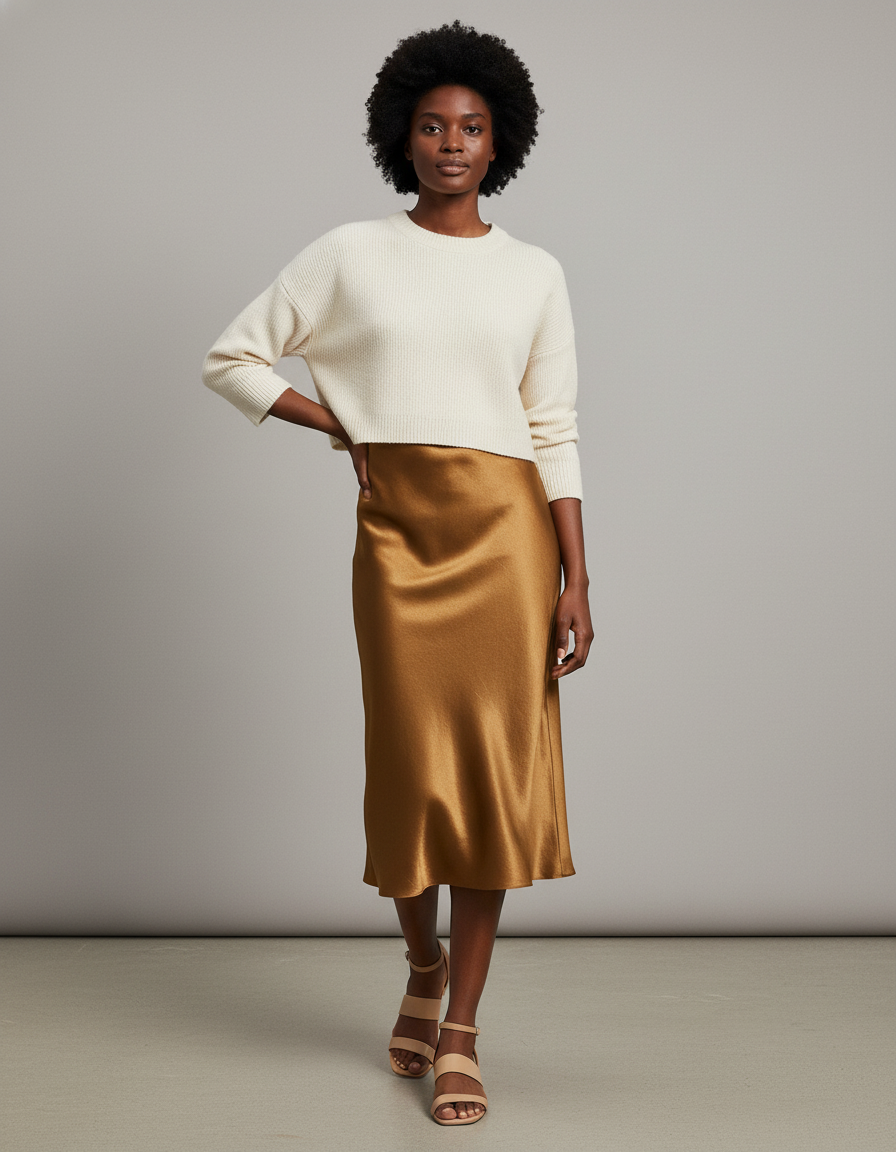 Jupe Satin Dorée Fluide Élégante Lumineuse