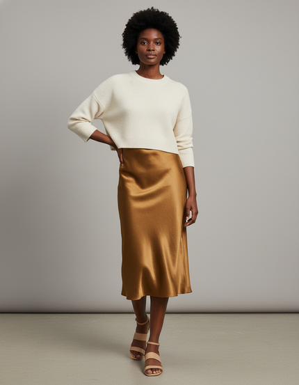 Jupe Satin Dorée Fluide Élégante Lumineuse