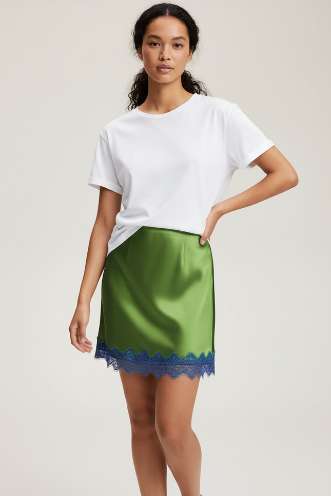 Jupe Satin Verte Dentelle Bleue Chic
