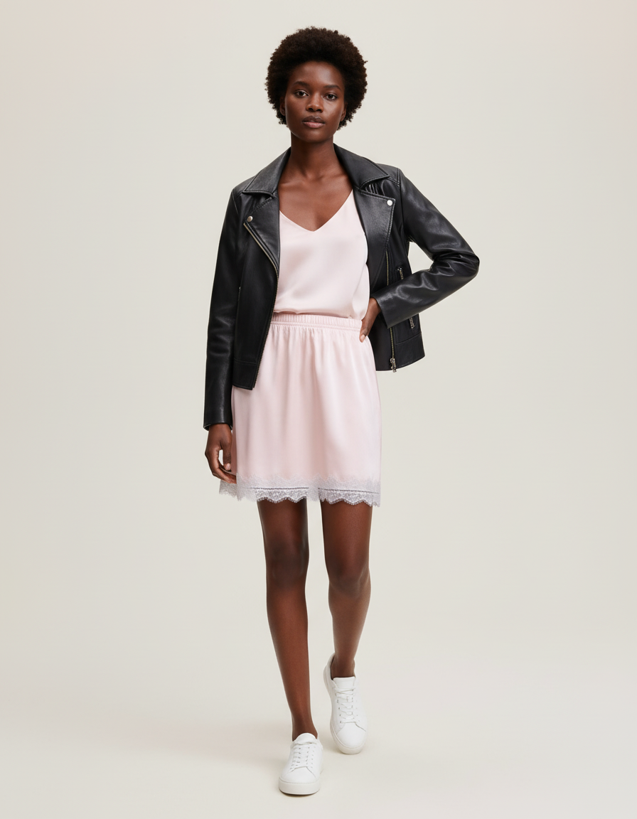 Jupe Satin Rose Élégante Bordure Dentelle