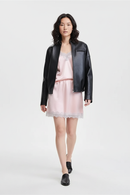 Jupe Satin Rose Pâle Dentelle Fluide Légère