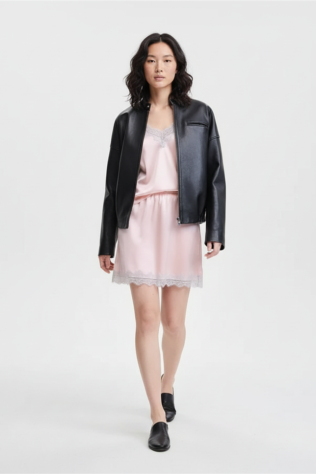 Jupe Satin Rose Pâle Dentelle Fluide Légère