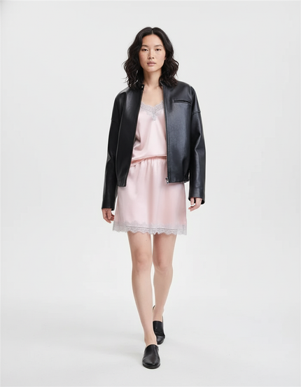 Jupe Satin Rose Pâle Dentelle Fluide Légère