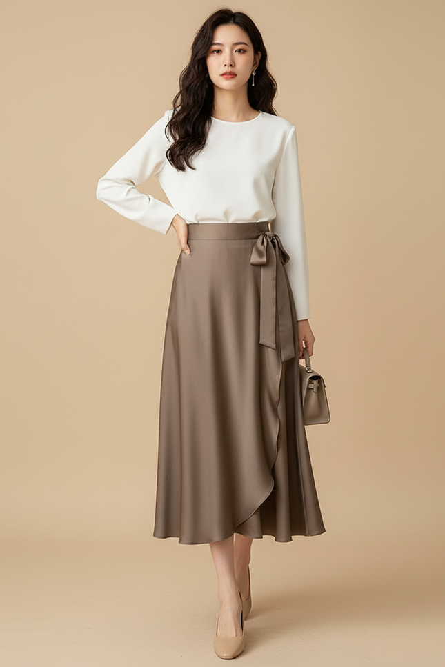 Jupe Portefeuille Longue En Satin De Coton