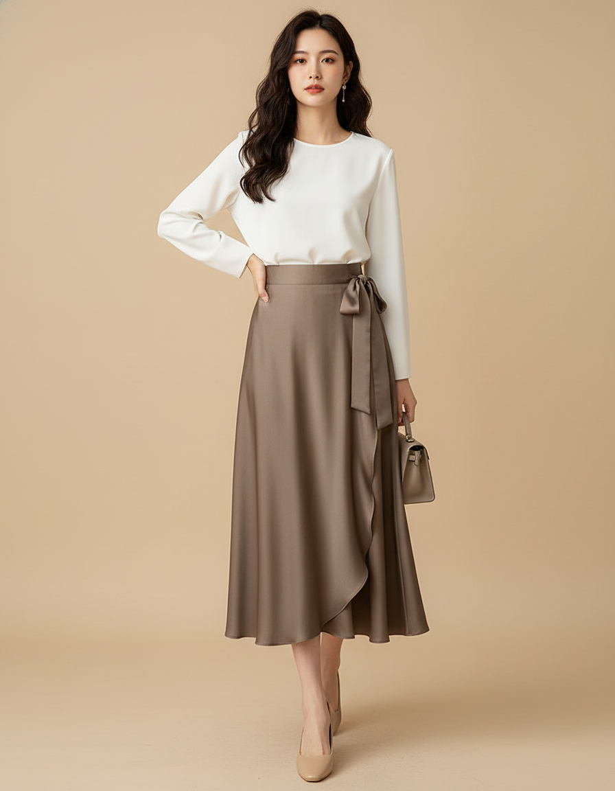Jupe Portefeuille Longue En Satin De Coton