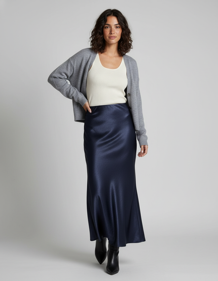 Jupe Satin Bleu Marine Fluide Élégante Profonde