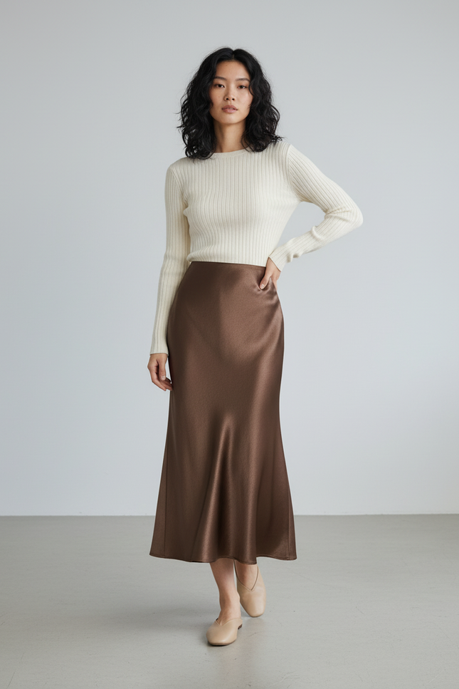 Jupe Satin Marron Fluide Élégante Chaleureuse Bohème