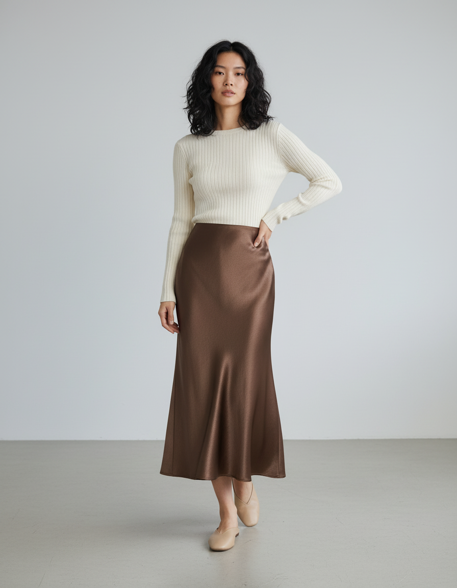 Jupe Satin Marron Fluide Élégante Chaleureuse Bohème