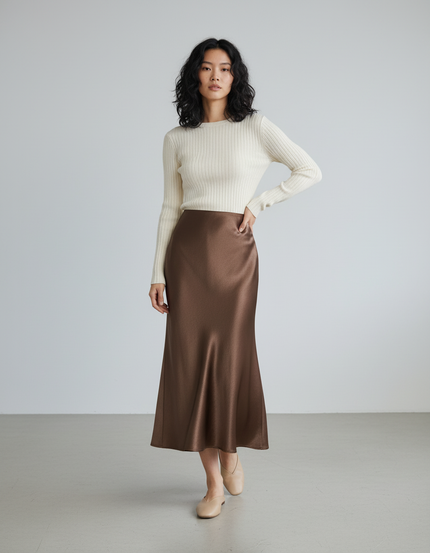 Jupe Satin Marron Fluide Élégante Chaleureuse Bohème