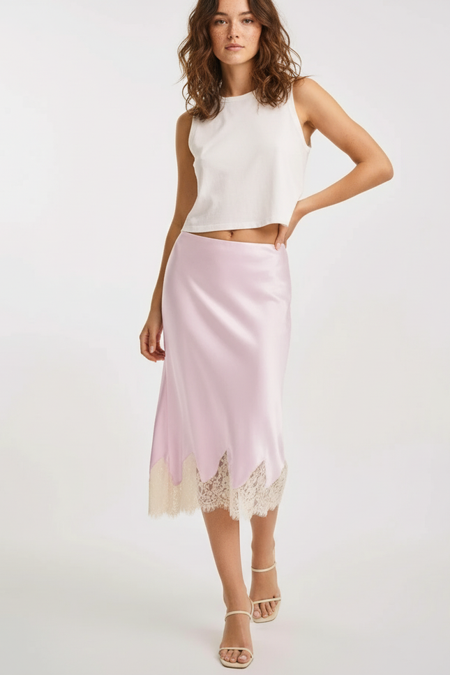 Jupe Satin Rose Pâle Dentelle Fluide