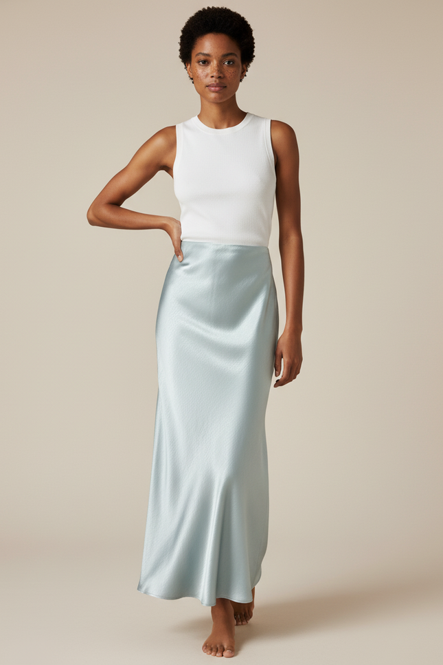 Jupe Satin Bleu Ciel Texturée Fluide