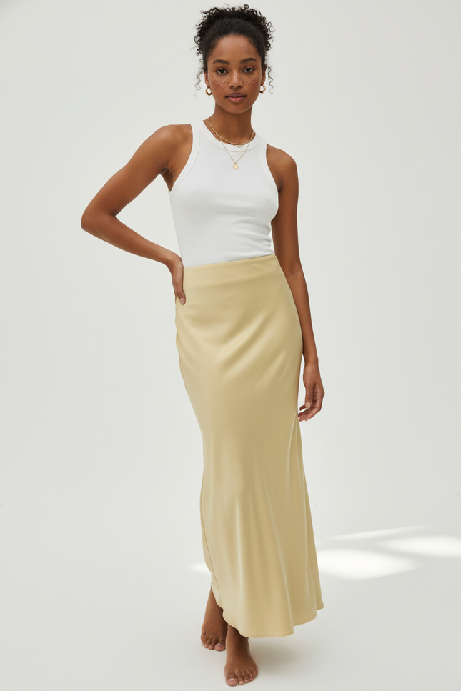 Jupe Satin Jaune Longue Fluide