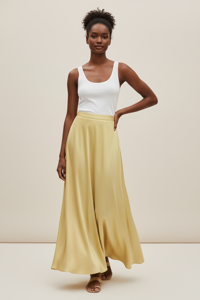 Jupe Satin Jaune Longue Fluide Ensoleillée