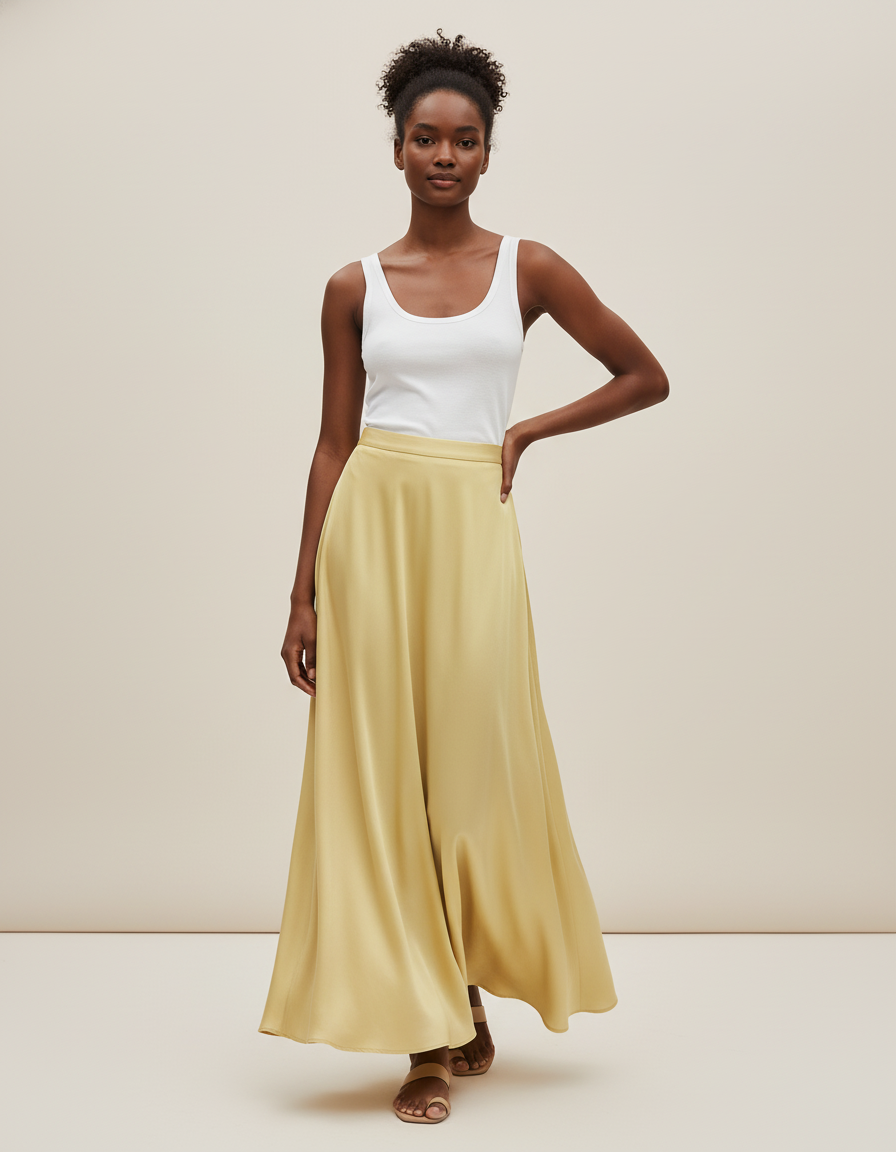 Jupe Satin Jaune Longue Fluide Ensoleillée