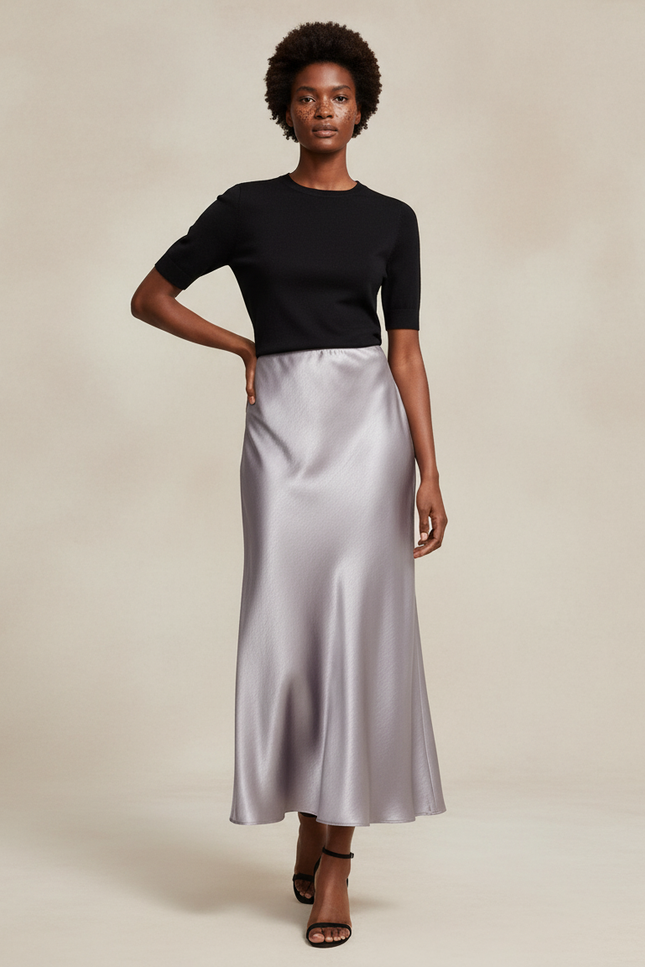 Jupe Satin Gris Argenté Midi Élégante