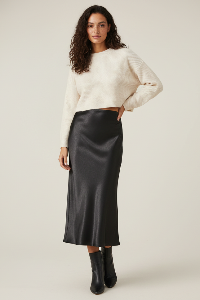 Jupe Satin Noire Midi Élégante Raffinée
