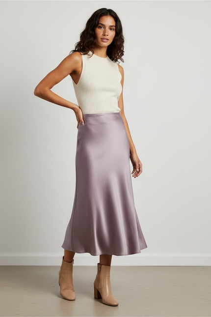 Jupe Satin Lilas Midi Élégante