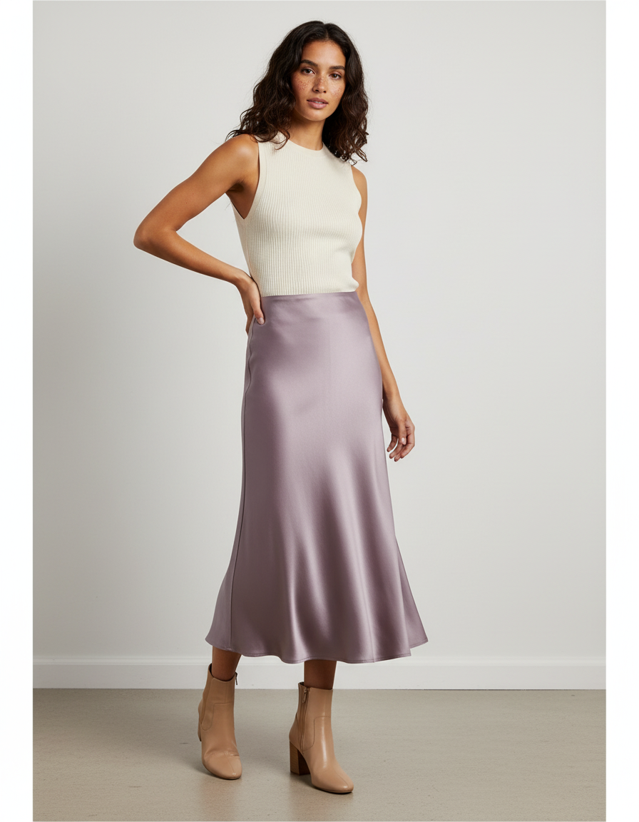Jupe Satin Lilas Midi Élégante