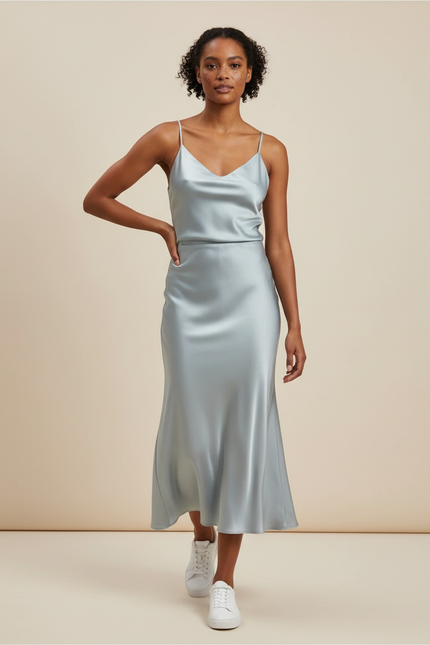 Jupe Satin Bleu Clair Fluide Élégante Douce