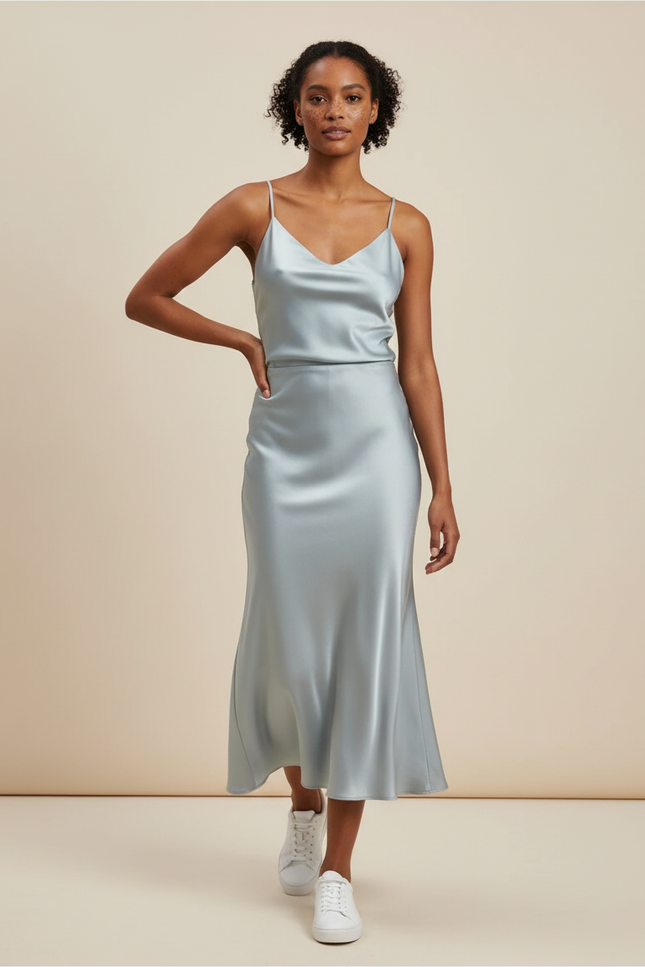 Jupe Satin Bleu Clair Fluide Élégante Douce